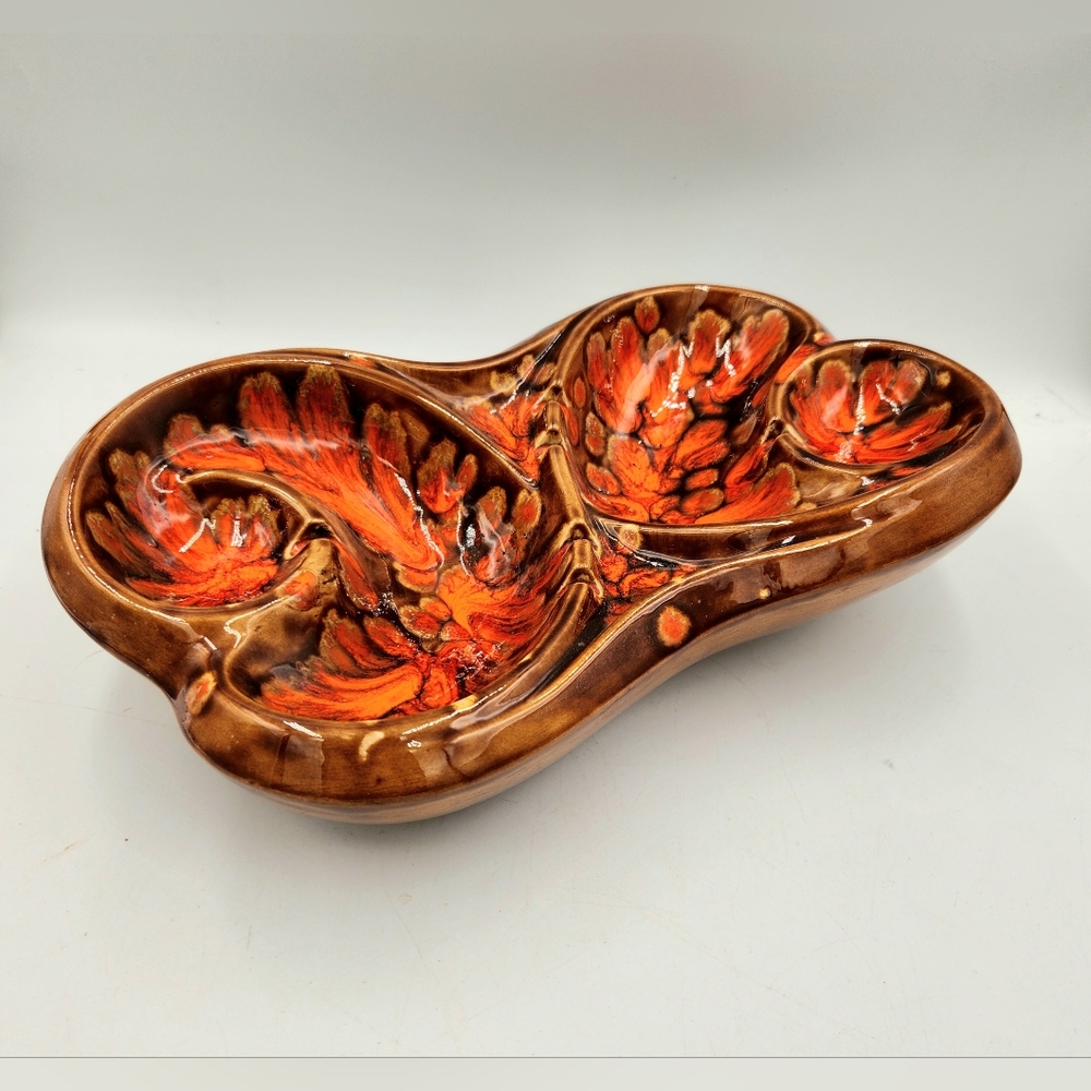 MCM Ceramic Double Ashtray Dish Orange Brown Drip Lava Glaze 12.5 Inch USA